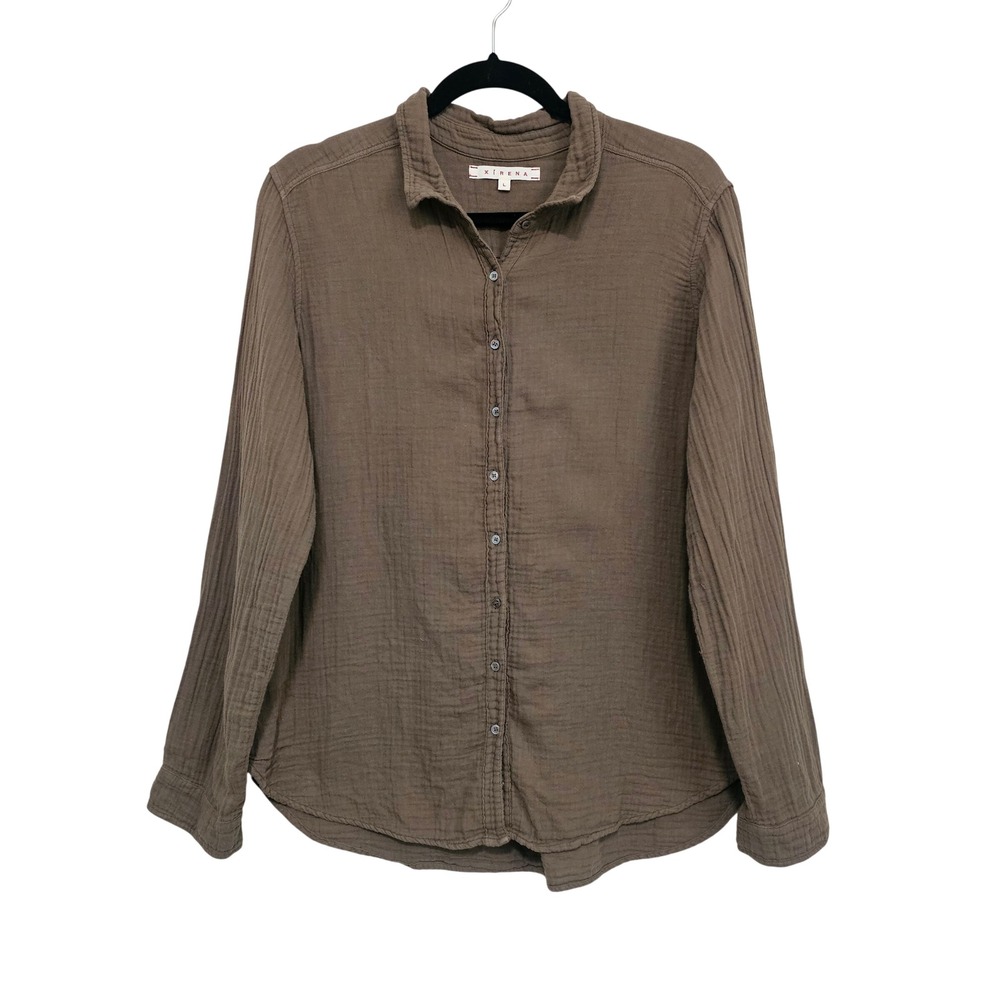 Xirena L Beau Button Down Shirt Green Cotton Double Gauze Long Sleeve Granola